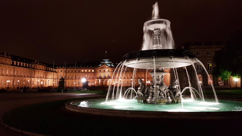 4K, stuttgart, tourism, germany, city, fountain, long exposure, water, building, travel destinations, history, spraying, motion, flowing water, night