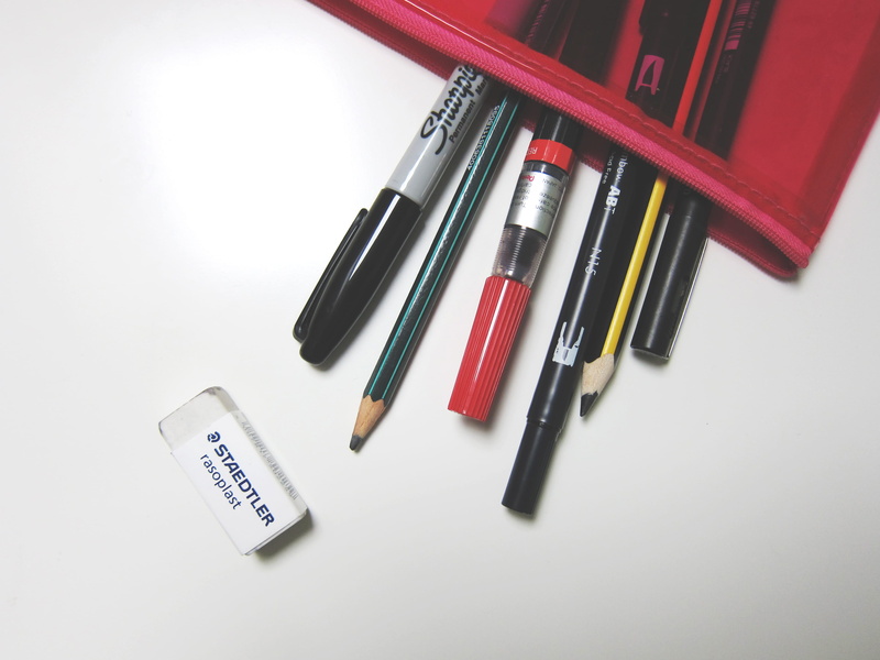 side by side, indoors, directly above, designer, stationery, multi colored, artist, close-up, eraser, sharpies, art, 2K, publication, advertising, collection