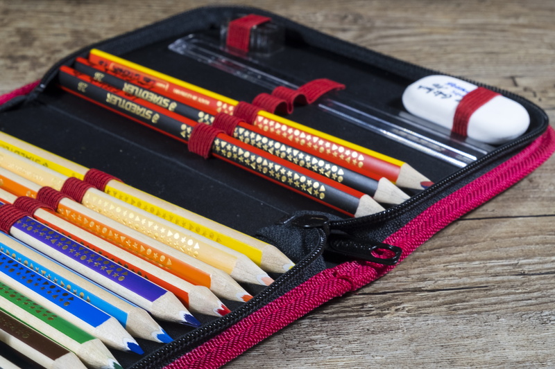 pencils, school start, schulbeginn, table, pencil, training, high angle view, pouch, pencil cases, craft, still life, leave, color, assorted, school supplies