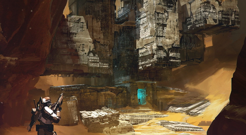 Artwork, nature, lifestyles, 2014, video game, architecture, rock - object, valley, leisure activity, concept art, standing, Destiny, indoors, travel destinations