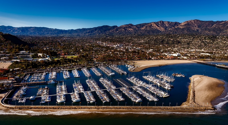 built structure, outdoor, travel destinations, shoreline, sailboats, coast, mountain range, 1080P, environment, ship, shore, day, city, aerial, blue, coastal