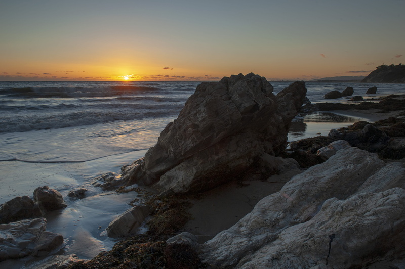 dawn, wave, sea, rock, coast, sunset, motion, rock - object, dusk, santa barbara, beach, light, tranquility, ocean, tranquil scene, rocky coastline, shoreline