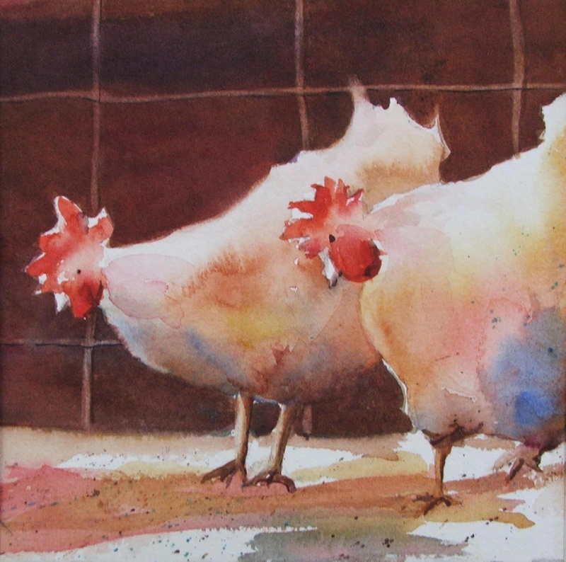 chickens, water colors, birds, paintings animals, roosters, wee, 1080P, animals