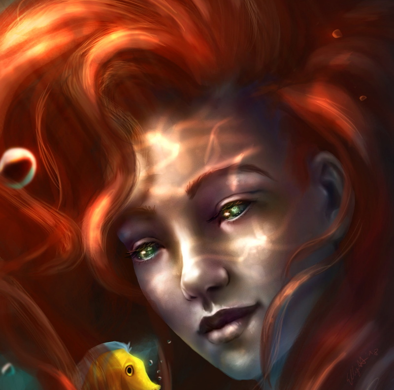 redhead, Ariel, luminos, siren, ellyett wee, face, mermaid, 1080P, fish