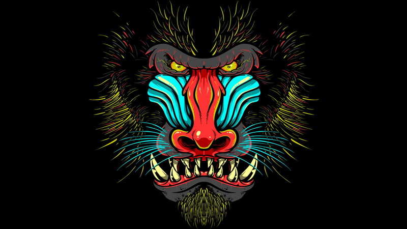 drawing, Mandrill, black background, Hairy, 1080P, Colorful, monkeys, Muzzles, fangs, Yellow Eyes, digital art, animals