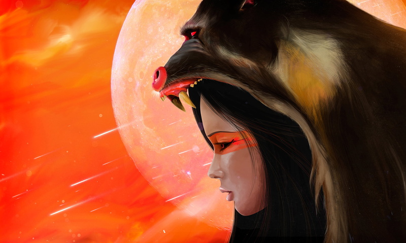 art, one person, day, sunlight, red, mandrill, mouth open, hairstyle, mammal, animal wildlife, mask, mouth, 2K, water, girl, one animal, side view, close-up