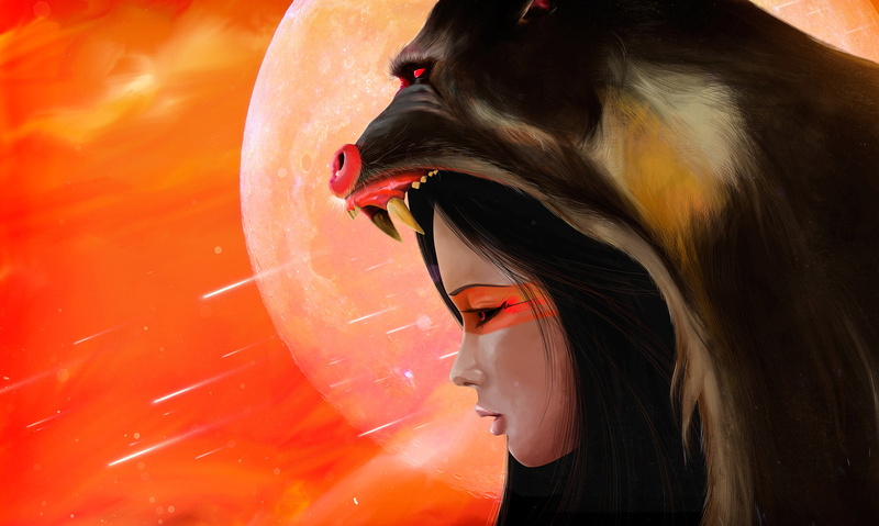 mandrill, fantasy girl, 2K, profile view, Fantasy, moon