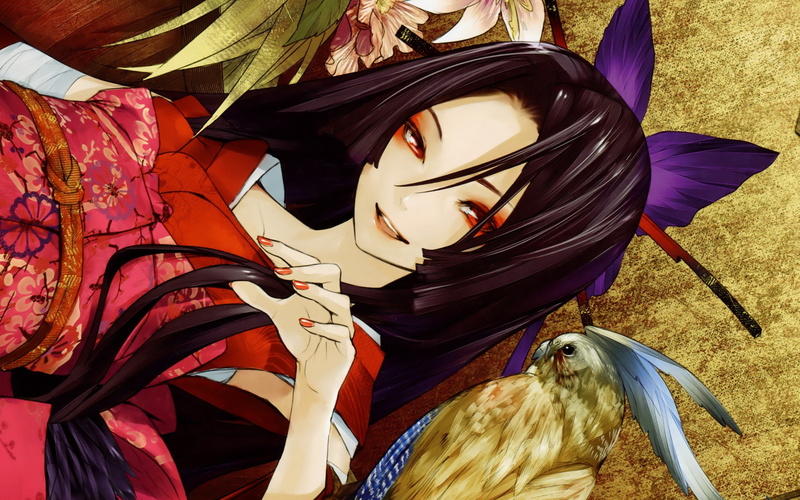 flowers, anime, dressing, original, traditional, sleeves, characters, girls, bandages, hair, brunettes, long, animals, eyes, ornaments, butterflies, japanese