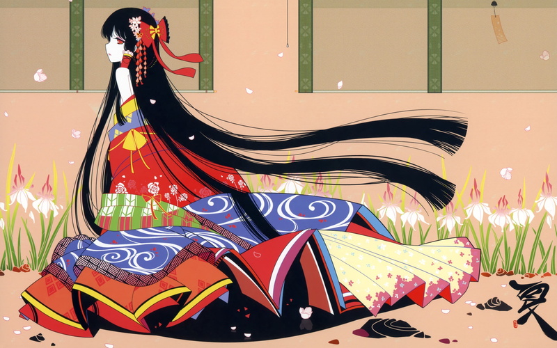 eyes, dressing, plants, flower, hakurei, ideolo, petals, long, japanese, hair, 2K, bows, ornaments, clothes, kimono, games, flowers, touhou, brunettes