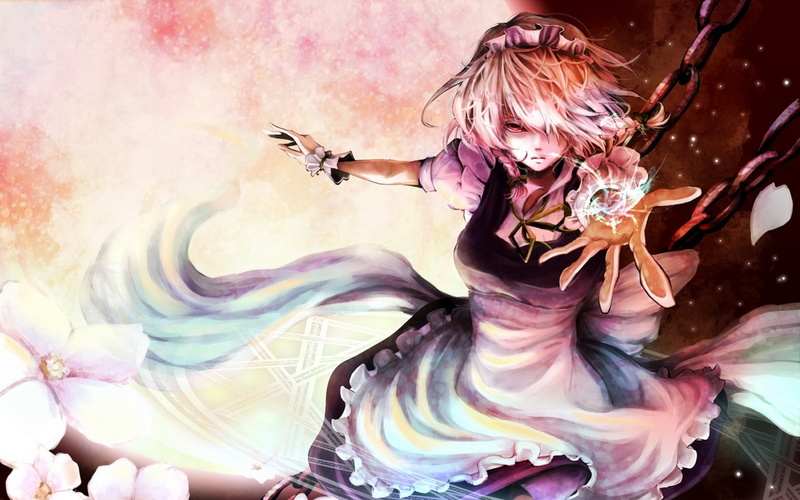 eyes, c, short, izayoi, braids, sakuya, sparkles, art, maids, dress, video, flowers, 720P, Video Games, hd, red, Touhou, nature, moon, hair, games, bows
