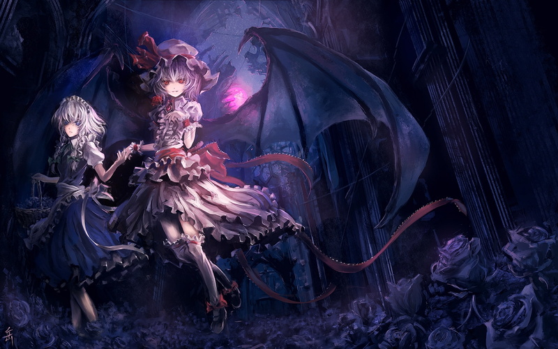 vampires, art, red, eyes, anime, maids, stars, ribbons, izayoi, dress, wings, blue, hd, sakuya, 1080P, short, moon, hot, Touhou, flowers
