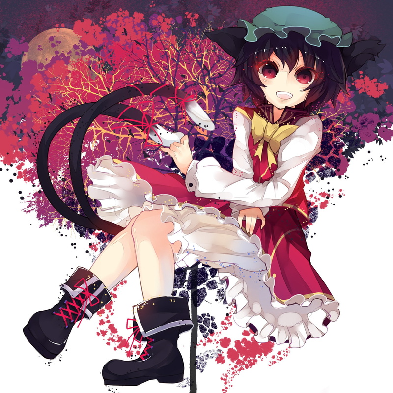 touhou, gray, short hair, red, 1080P, character, anime, cap, dress, girls, hair, white, short, girl