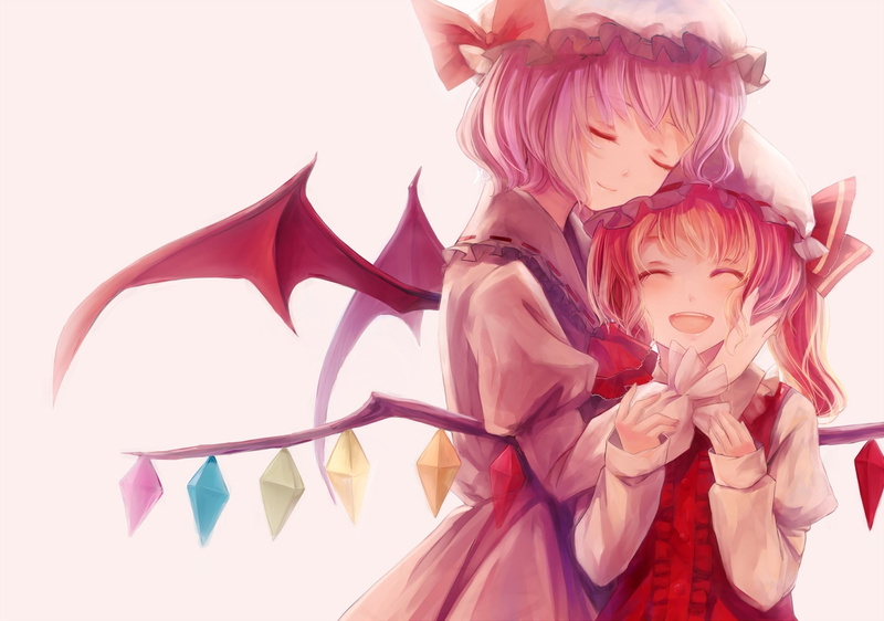 wings, flandre, mouth, purple, scarlet, art, closed, eyes, Touhou, hair, dress, r, 1080P, pink, ribbons, hd, short, open