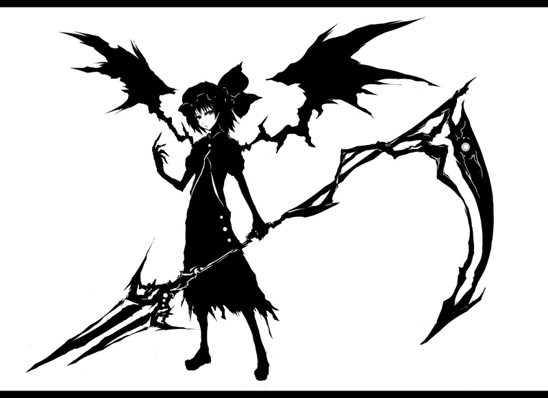 black and white, Touhou, white, hair, scythe, wings, spears, vampires, 1080P, hats, black, monochrome, r, weapons, art, short, hd, dress