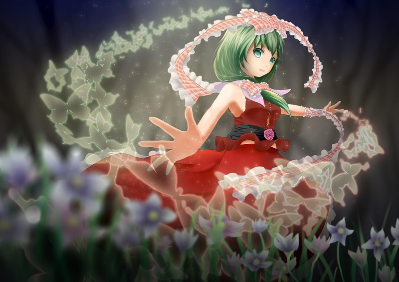 green hair, kagiyama hina, art, hair, 1080P, dress, kagiyama, red, hina, ribbons, red dress, green, touhou, girl, flowers