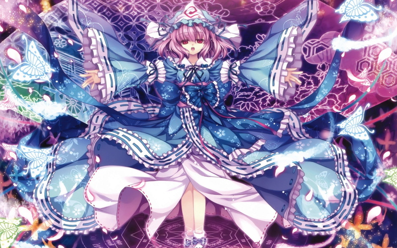 Touhou, red, purple, art, mouth, bow, open, magic, 2K, short, butterflies, ribbons, saig, pink, hd, eyes, Dress, hair, animals