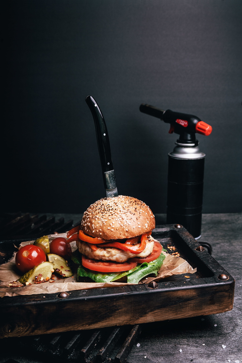 fast, delicious, table, black, meal, vegetable, fresh, cutting board, close-up, indoors, sandwich, 4K, still life, food and drink, fast food, hamburger