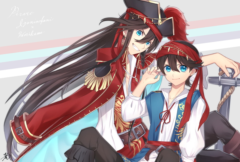 day, front view, people, red, lifestyles, male likeness, 1080P, pirata clothes, izumi no kami kanesada, outdoors, art and craft, human representation