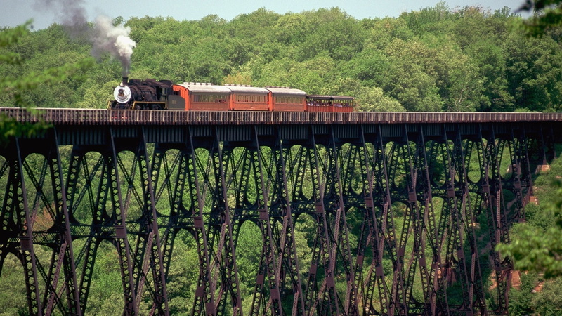 railroad, valley, tracks, bridges, locomotive, hills, forest, gorge, engine, trestle, vehicles, 1080P, smoke, trees, trains