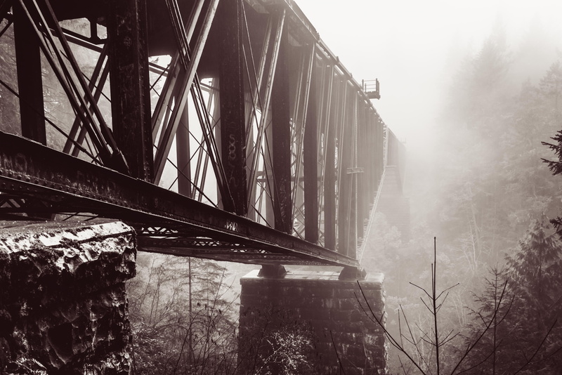 fog, land, moody, trestle, architecture, industry, old, bridge, tree, no people, built structure, low angle view, black and white, industrial, bridge - man made structure