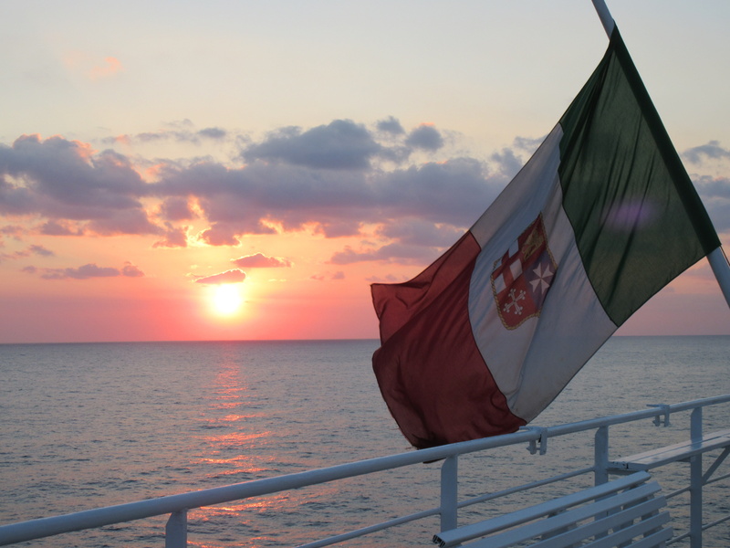 sunset, ship, national icon, orange color, lake, horizon, no people, endless, horizon over water, flag, sicily, railing, tranquility, afterglow, beauty in nature