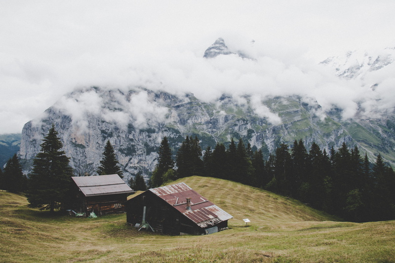 mountain, barn, cloudy, cabin, alp, day, mountainscape, view, cloud, 5K, tranquil scene, brown, green, plant, scenics - nature, misty, top, environment