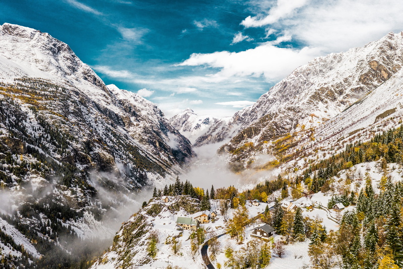 peak, house, mountainscape, cloud - sky, day, snow, scenics - nature, covered, road, beauty in nature, snowy, formation, mist, landscape, cold, snowcapped mountain