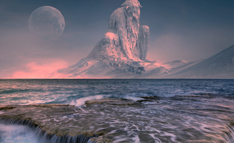 non-urban scene, mountain, night, outdoors, sea, idyllic, mount, statue, frozen, space, motion, sky, horizon over water, water, gods, ocean, beauty in nature