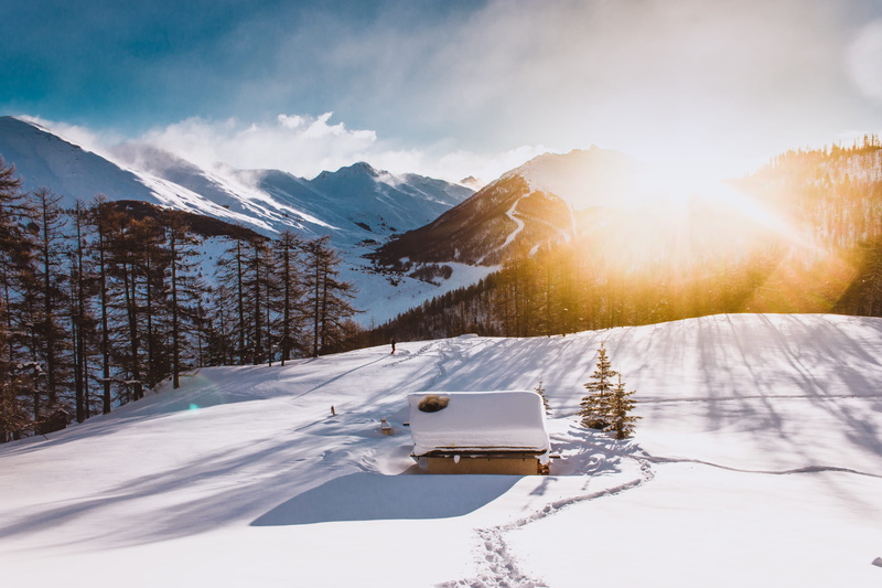 landscape, tree, shadow, no people, frozen, hut, snow, outdoors, mountain, peak, nature, forest, sky, tranquility, sunrise, outdoor, scenics - nature, lens flare