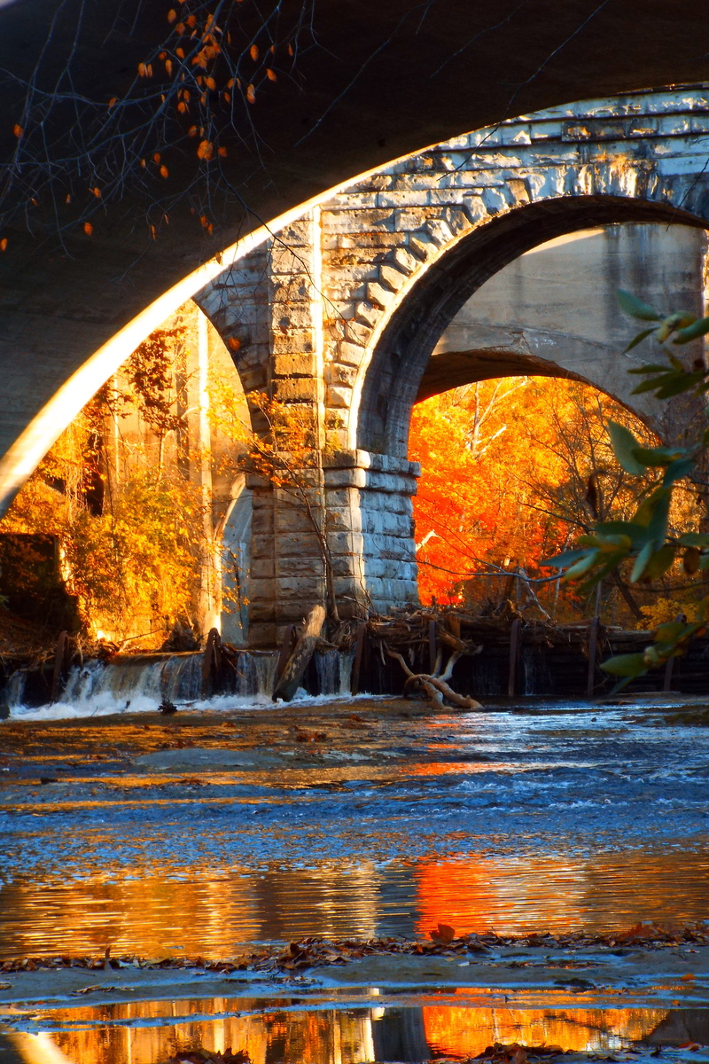 waterfront, flowing, arch, landscape, evening, day, sunset, bridge, train trestle, underpass, bricks, reflection, arches, nature, flowing water, built structure