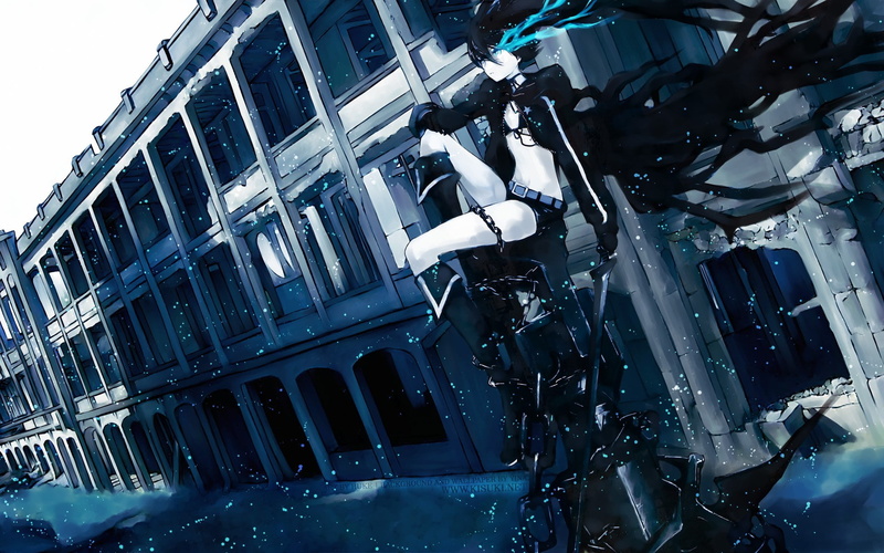 technology, building, window, anime girls, nature, water, city, sword, built structure, low angle view, Black Rock Shooter, reflection, mode of transportation