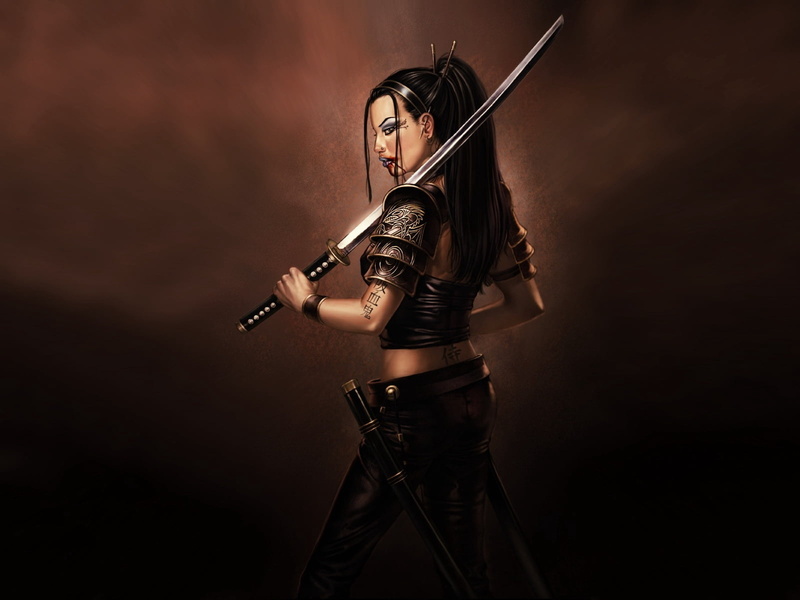 men, soldier, black, studio Shot, adult, young women, one Person, blood, indoors, weapon, sword, violin, dark, playing, samurai, colored background, rock music