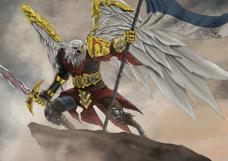 sword, warrior, gray, rock, wings, banner, character, 2K, freedom, eagle