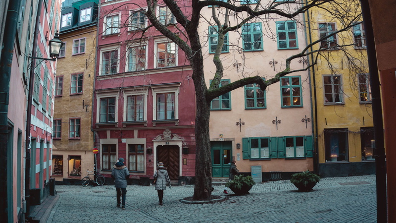 tree, outdoors, street, group of people, plant, winter, footpath, residential district, city, city life, building, people, sweden, day, colours, incidental people