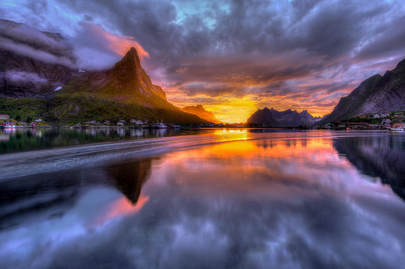 mountains, clouds, rock, water, waves, nature, fjord, reflection, town, HDR, boat, house, landscape, 1080P, trees, Norway
