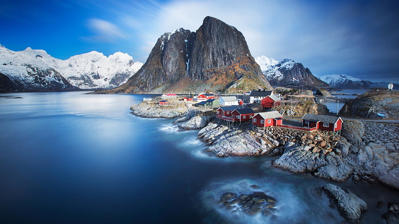 snow, sea, rock, 1080P, landscape, water, village, trees, long exposure, bay, snowy peak, house, mountains, clouds, Norway, fjord, Lofoten, waves, nature