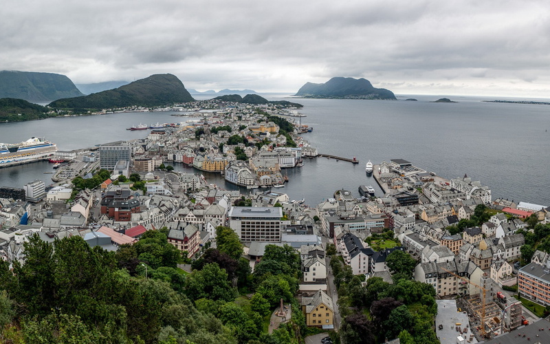 1080P, landscape, city, Norway, sea, ports, cityscape, aerial view, Alesund