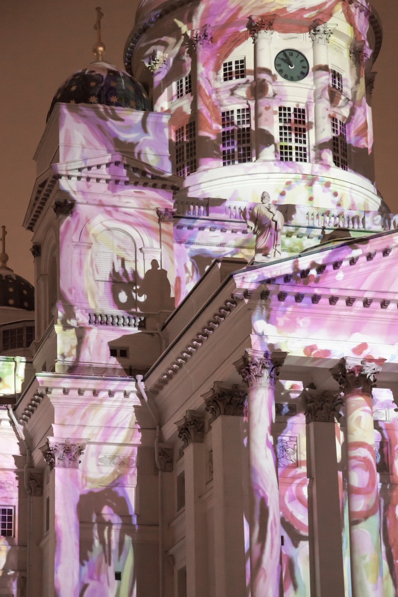 no people, light show, luxury, building, human representation, christianity, exterior, helsinki cathedral, purple, outdoors, winter, lighting equipment