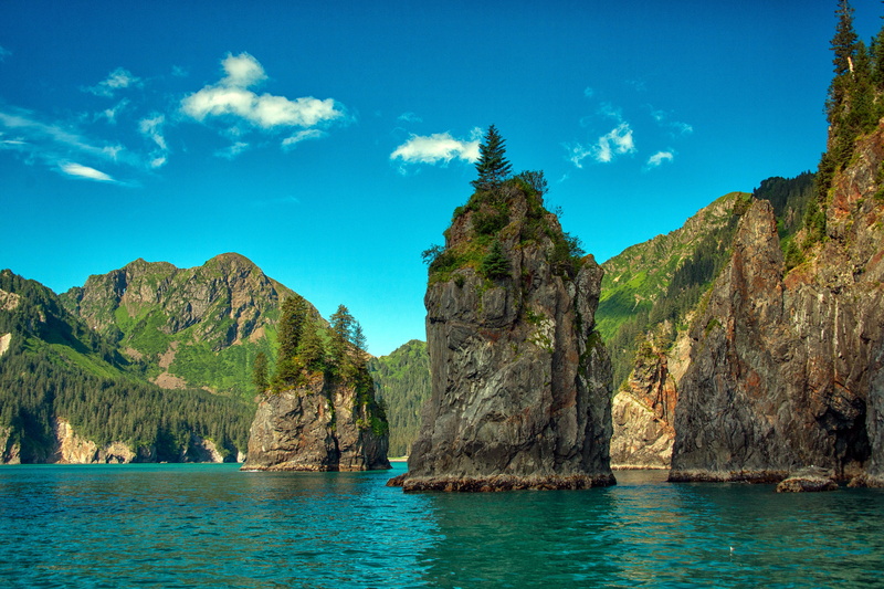 rock - object, forest, sky, sea, blue, tranquil scene, waterfront, tranquility, near, trees, lagoon, water, no people, mountain, land, mountains, 2K, turquoise colored
