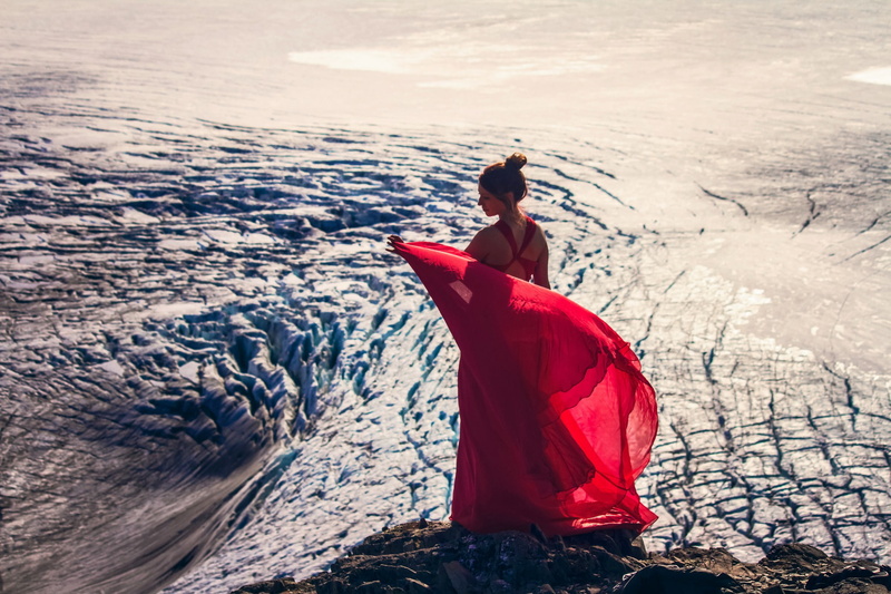 Harding Icefield, glacier, girl, Kenai Mountains, 1080P, National Park Kenai fjords, Kenai Fjords National Park, Alaska, red dress