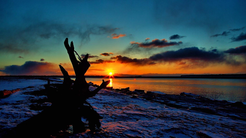 body of water, horizon, kenai, 1080P, shore, sunrise, water, alaska, lake, sunset, sky