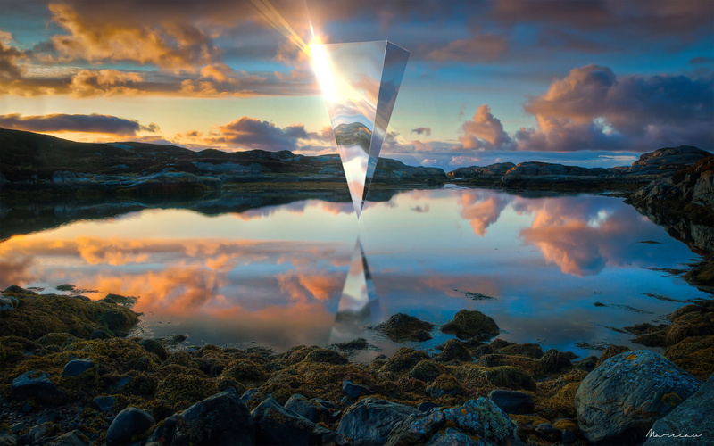 Crystal triangle, Lake, sky, paitning, mountain, 4K, 4K, blue, Landscape