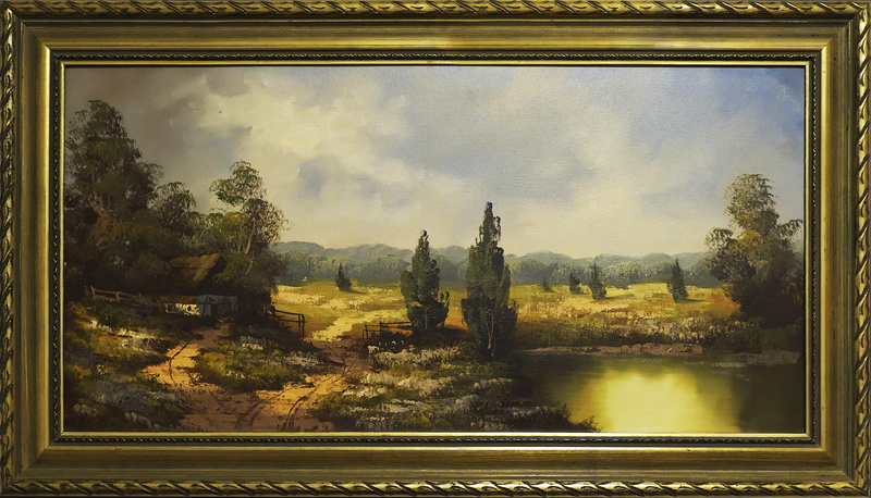 belief, history, glass - material, painting, river, frame, outdoors, paitning, plant, landscape paintings, framed, tree, landscape, romantic, cloud - sky