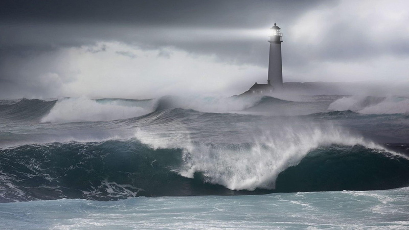 lighthouse, 1080P, waves, nature and landscapes, stormy, waters, light, turbulent