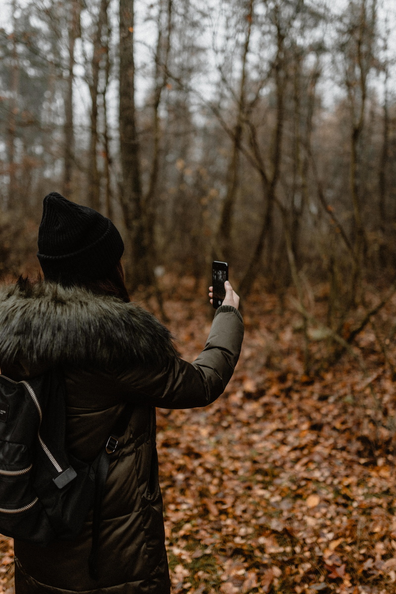 clothing, weather, foggy, autumn, holding, one person, woodland, hood - clothing, leisure activity, wireless technology, fog, lifestyles, fall, communication