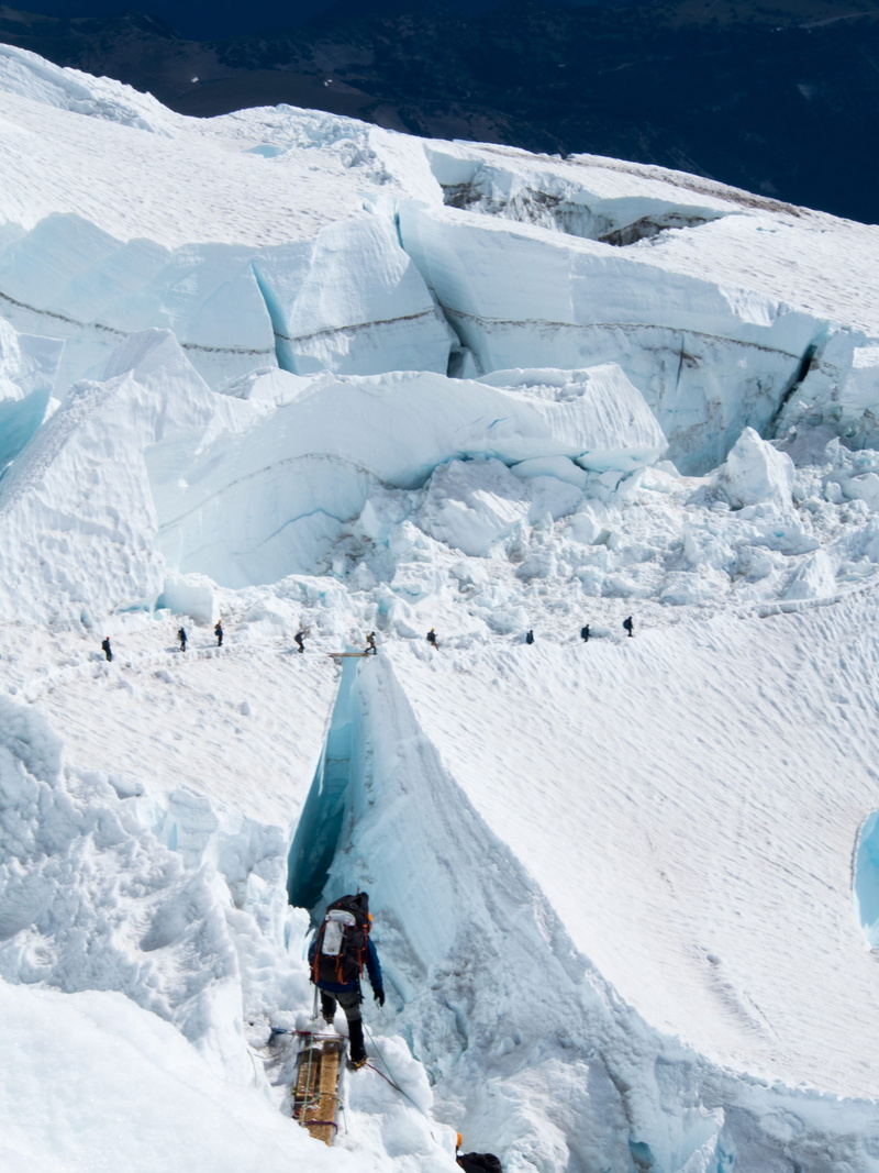 snow, frozen, footbridge, scenics - nature, nature, blue, grey, day, mount rainier, skiing, extreme weather, crevass, crevasse, outdoors, landscape, person