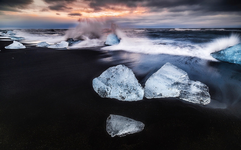 Splash, Sea, Iceland, edit, Beach, Ice, Dawn, wavy, photo, Waves, 1080P