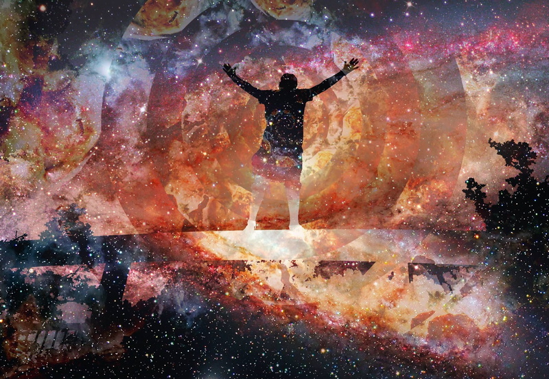 night, one person, man, mid-air, arms raised, digital composite, human arm, body part, human limb, limb, human body part, multi colored, trippy, nature