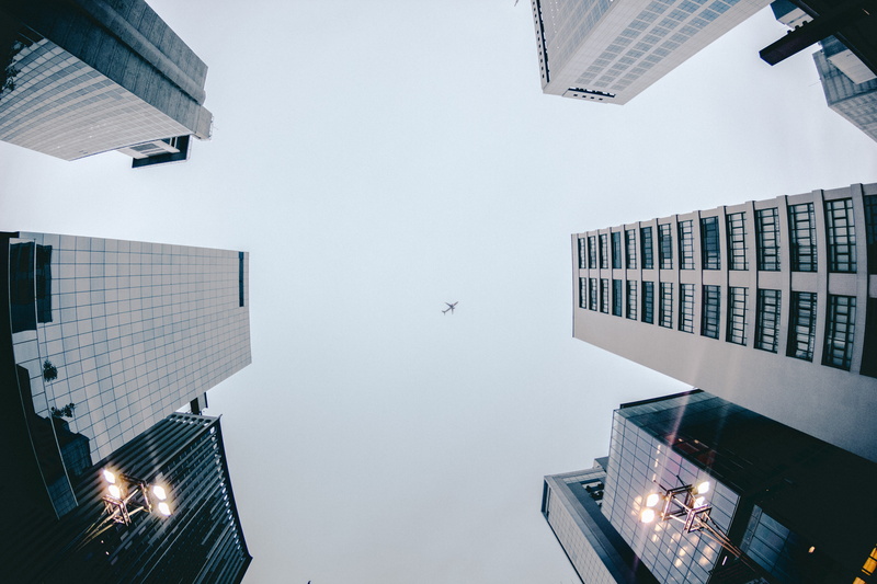 facade, architecture, built structure, high, nature, buildings, finance, angle, low angle shot, lampposts, airplane, architectural design, building, skyscraper