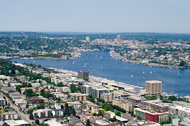 travel destinations, apartment building, no people, outdoors, usa, residential district, seattle, 4K, water, road, landscape, waterfront, downtown, high angle view